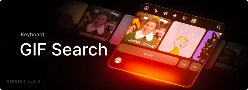 GIF search interface showcasing holiday-themed animated images on a keyboard with a glowing red background.