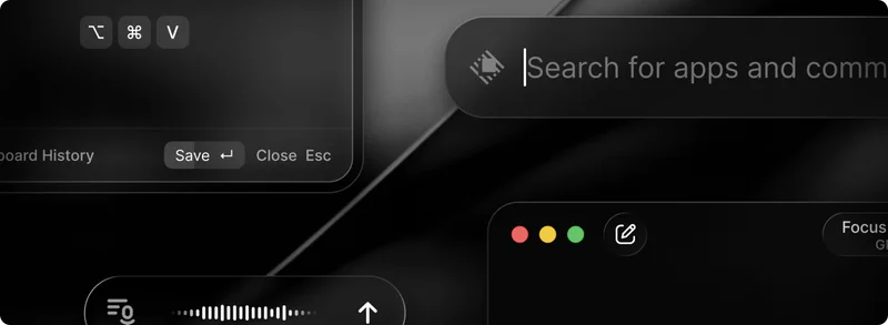 Dark-themed user interface showing various application windows and search bars with macOS-style design elements and controls.