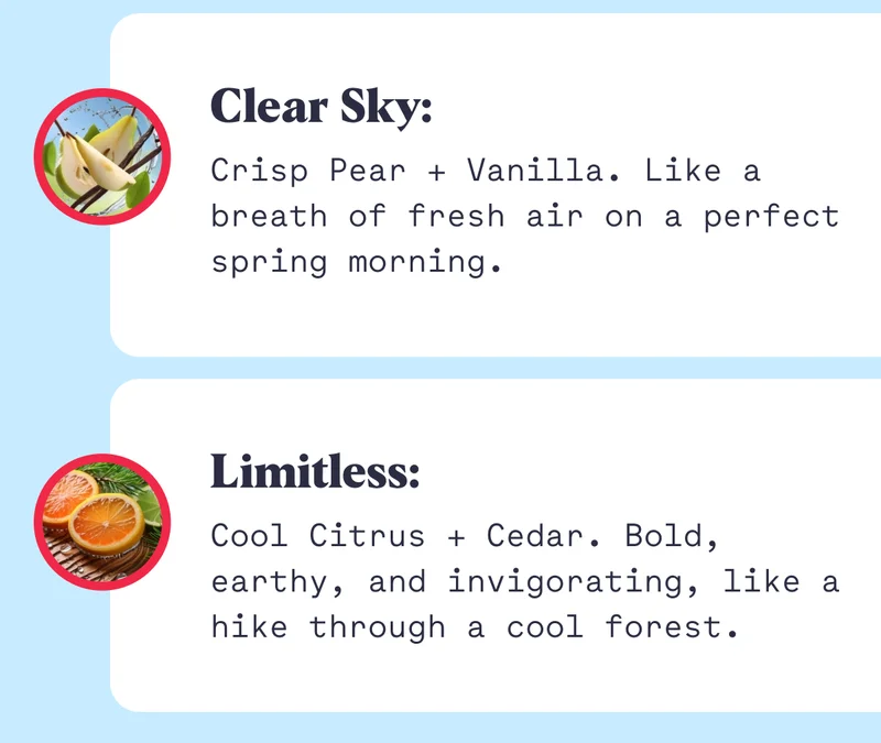 Clear Sky: Crisp Pear + Vanilla. Like a breath of fresh air on a perfect spring morning. Limitless: Cool Citrus + Cedar. Bold, earthy, and invigorating, like a hike through a cool forest.