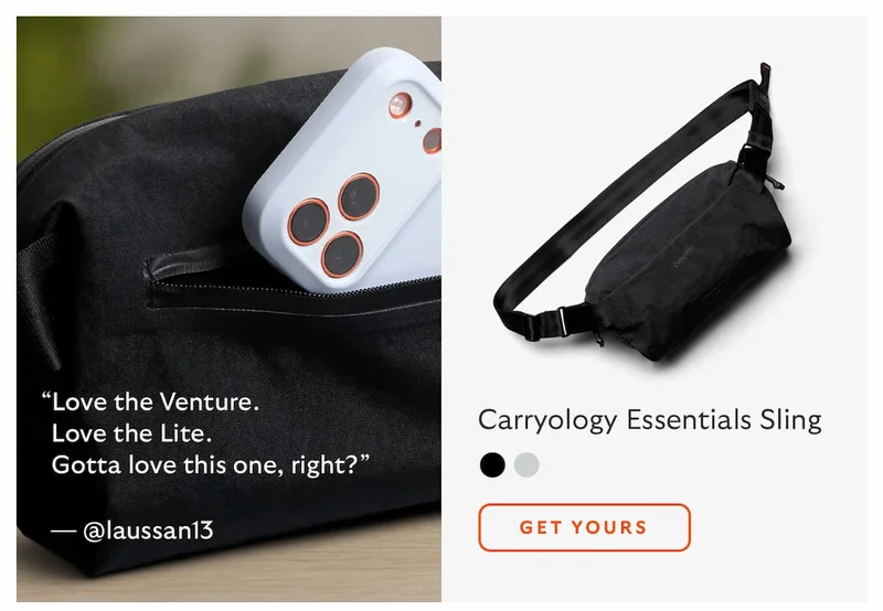 [Product name] Carryology Essentials Sling CTA Get yours [Quote] “Love the Venture. Love the Lite. Gotta love this one, right?” [Attribution] @laussan13