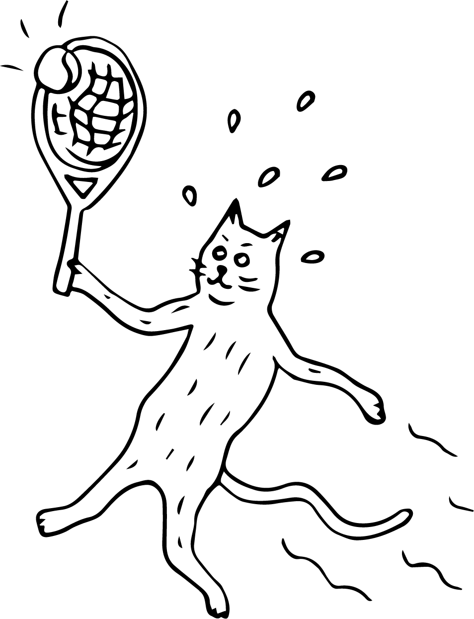 A black line illustration of a cat playing tennis