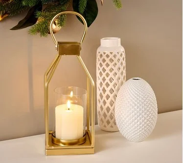 16" Metal Frame Lantern with Ribbed Candle by Kim Gravel