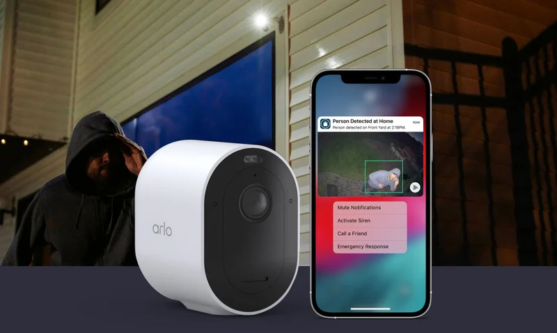Arlo Pro 5S 2K Wireless Security Camera next to a phone displaying a simulated screen image of an Arlo Secure notification with animated preview.