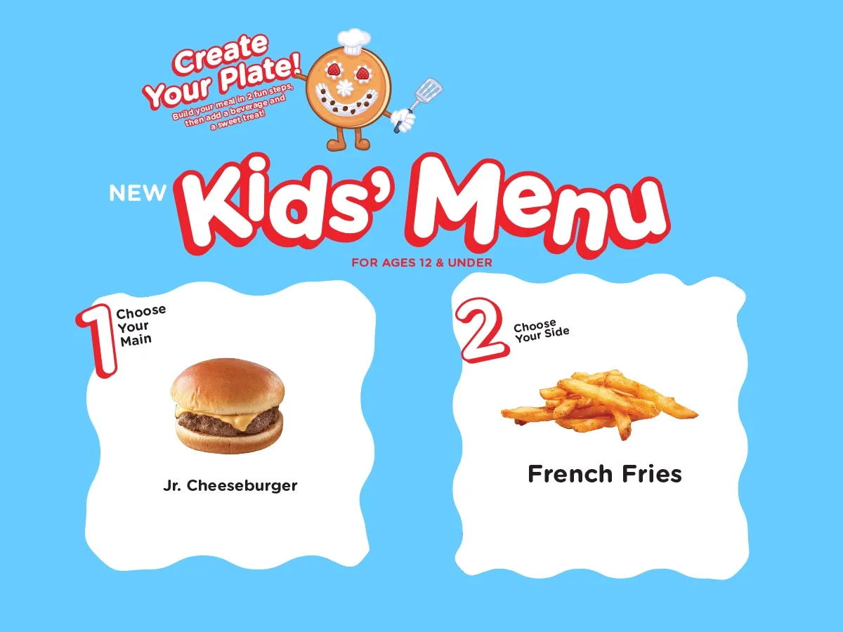 Create Your Plate with an illustration of the Smile Face pancake character in a chef hat, holding a spatula. The new Kids' Menu is advertised for ages 12 and under, consisting of choosing your main in step 1 and choosing your side in step 2.
