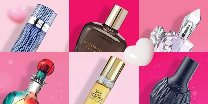 Collage of celebrity scents with Valentine’s illustrations