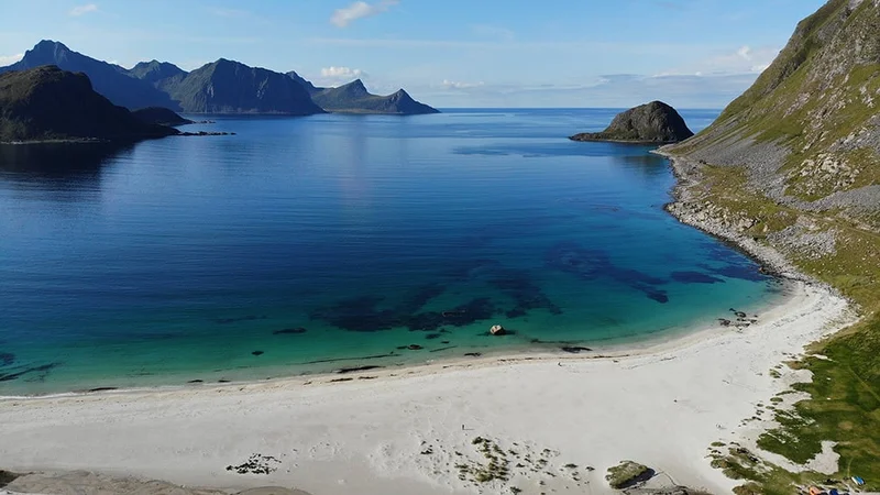 Image description: Aerial view of Haukland Beach on Lofoten Islands, Norway.