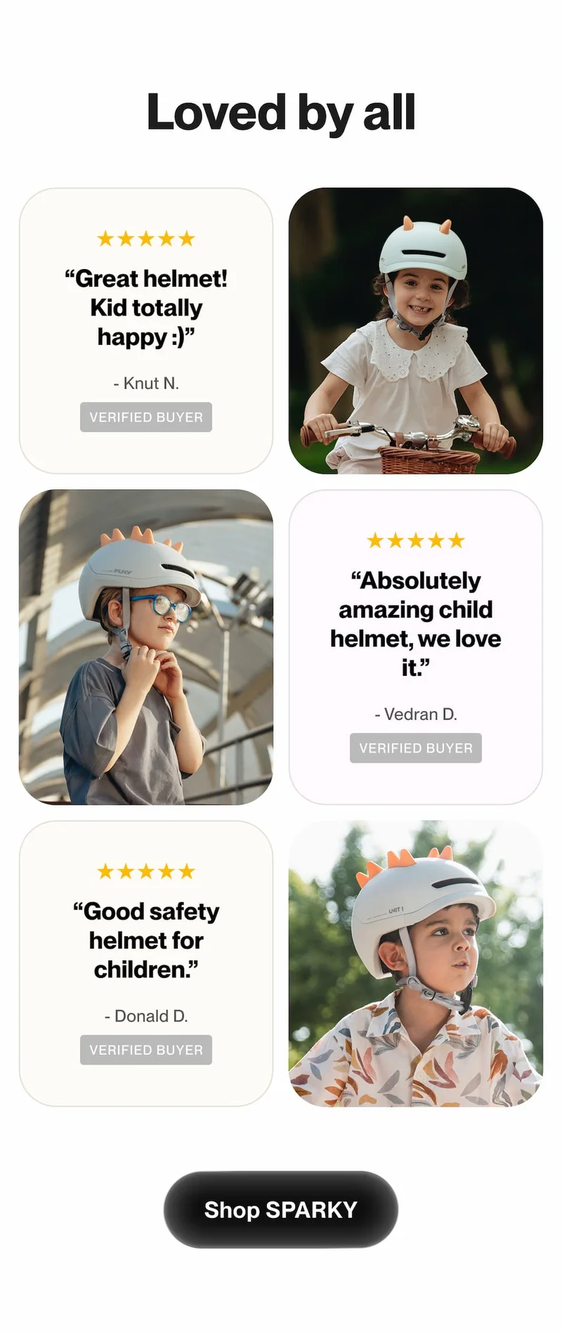 Collage of customer reviews and photos of kids wearing the SPARKY helmet.