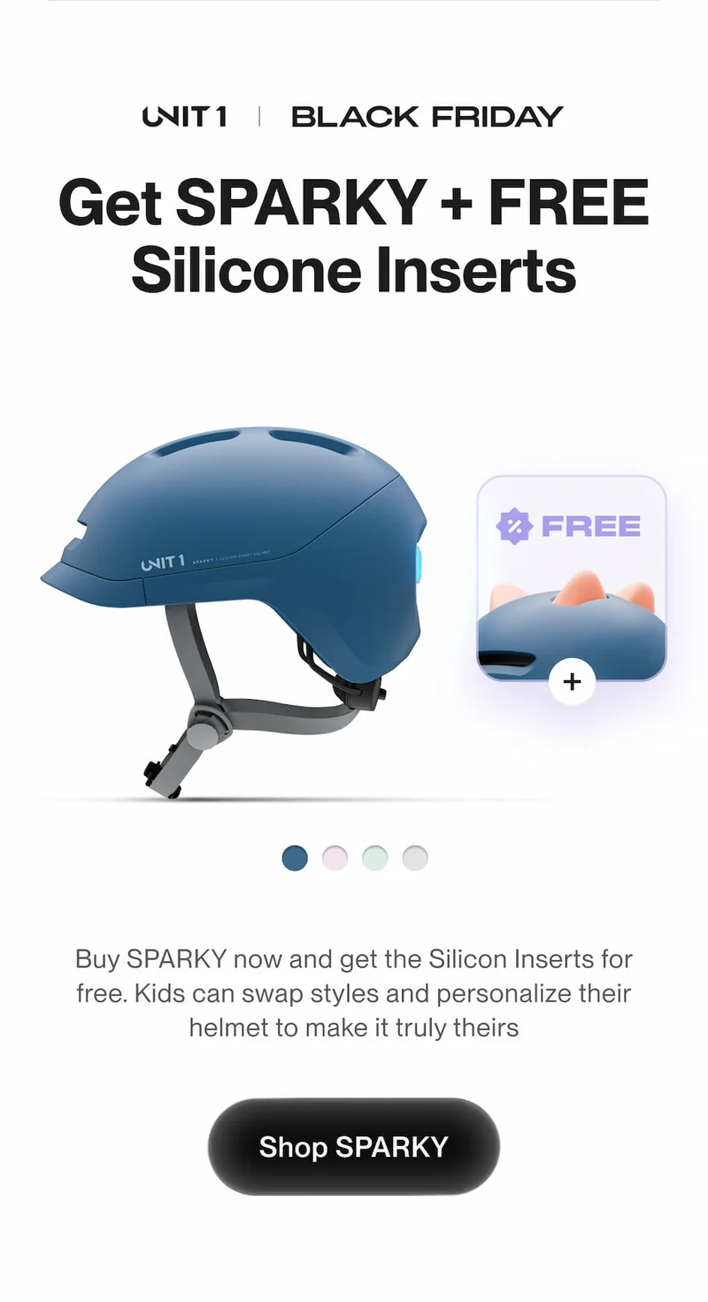 SPARKY junior smart helmet in blue with interchangeable silicone inserts, shown with a Black Friday offer for free inserts.