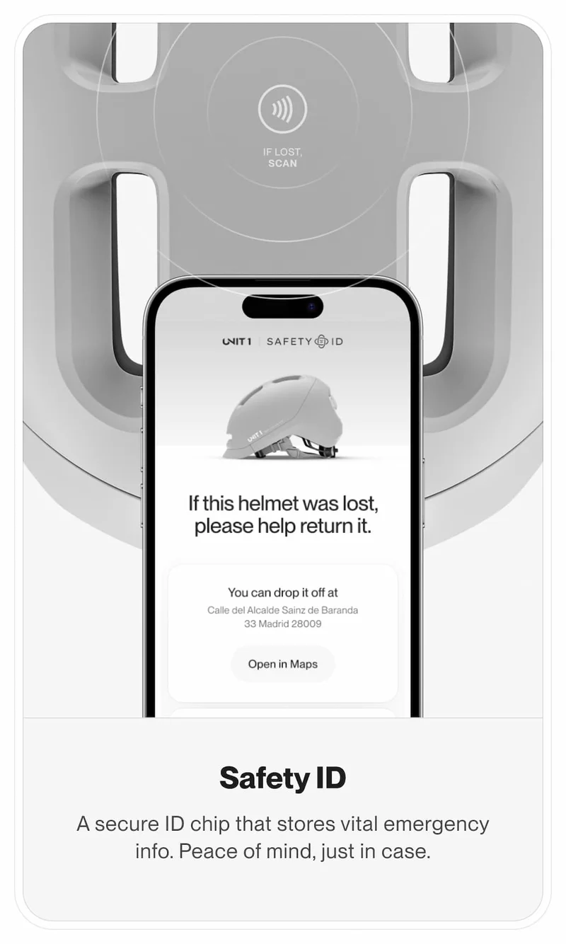 Image showing the Safety ID feature with a phone displaying the lost-and-found information for the SPARKY helmet.