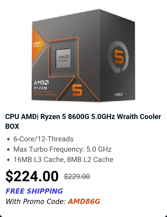 CPU AMD| Ryzen 5 8600G 5.0GHz Wraith Cooler BOX