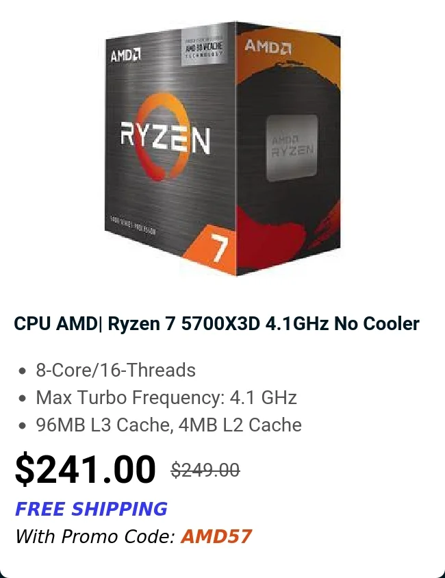 CPU AMD| Ryzen 7 5700X3D 4.1GHz No Cooler