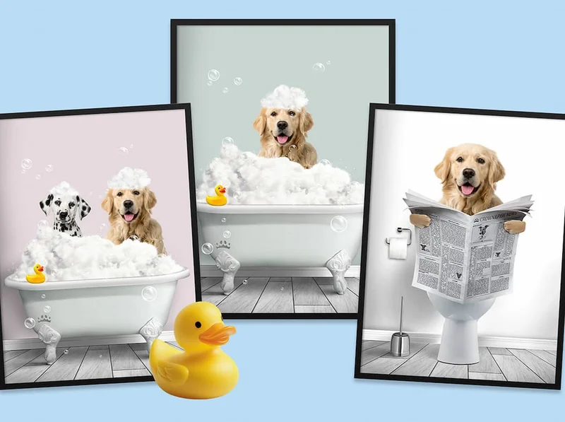 Framed posters of restroom dog portraits