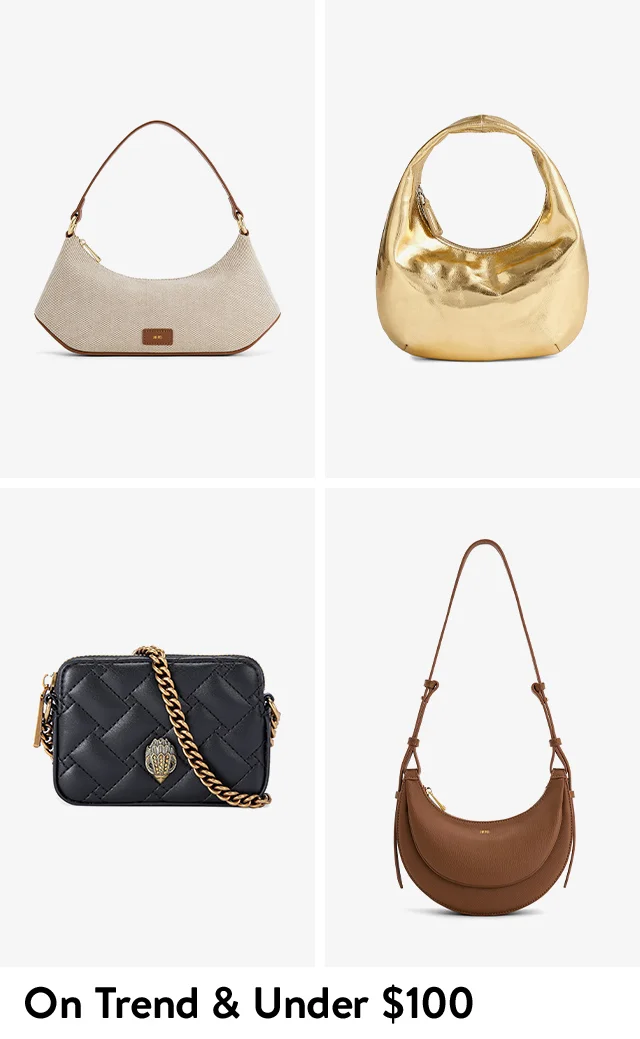 A gold hobo, black quilted bag, white shoulder bag and brown crossbody bag.