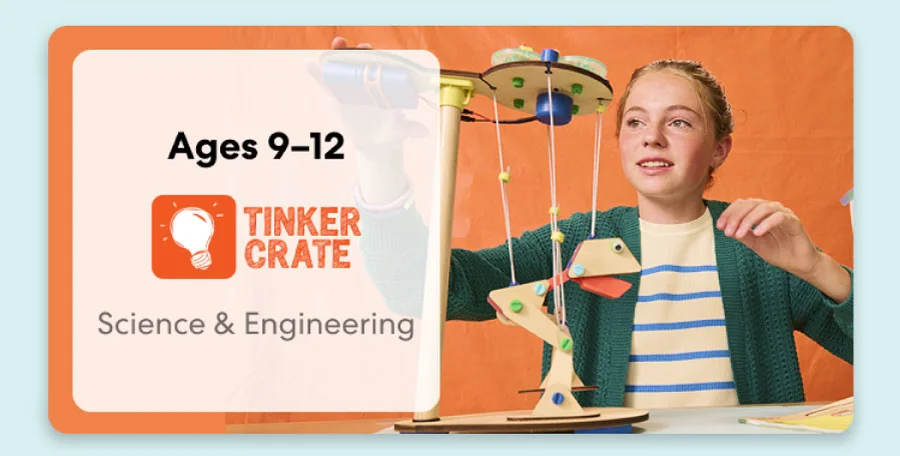 Boy building an engineering project from KiwiCo Labs, suitable for ages 9–11. Perfect for exploring engineering concepts.