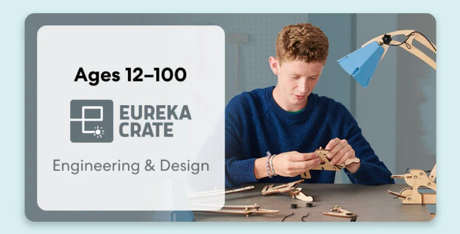 Teen creating an advanced KiwiCo project. Ideal for ages 12–16+ to spark creativity and innovation.
