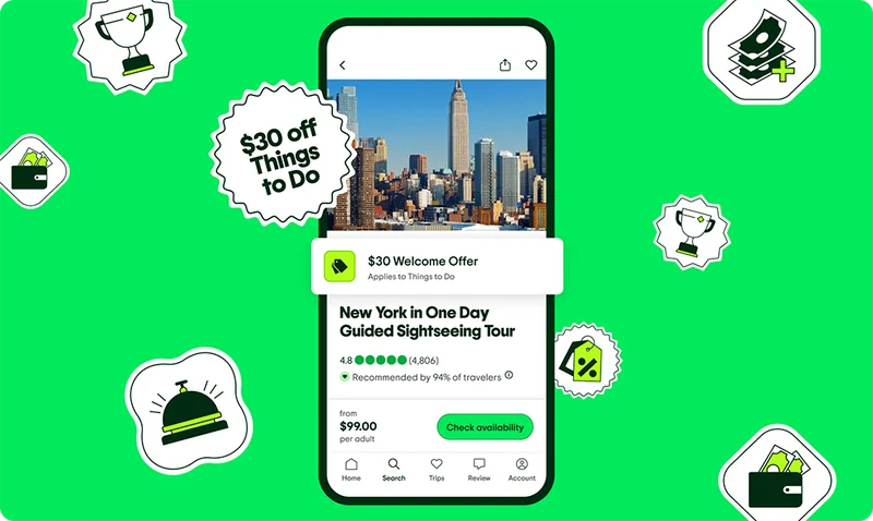 Image Description: A phone screen with a listing for a New York sightseeing tour and a $30 Welcome Offer callout. Money, trophy, and front desk bell icons are floating in the background along with a badge that says “$30 off Things to Do.”