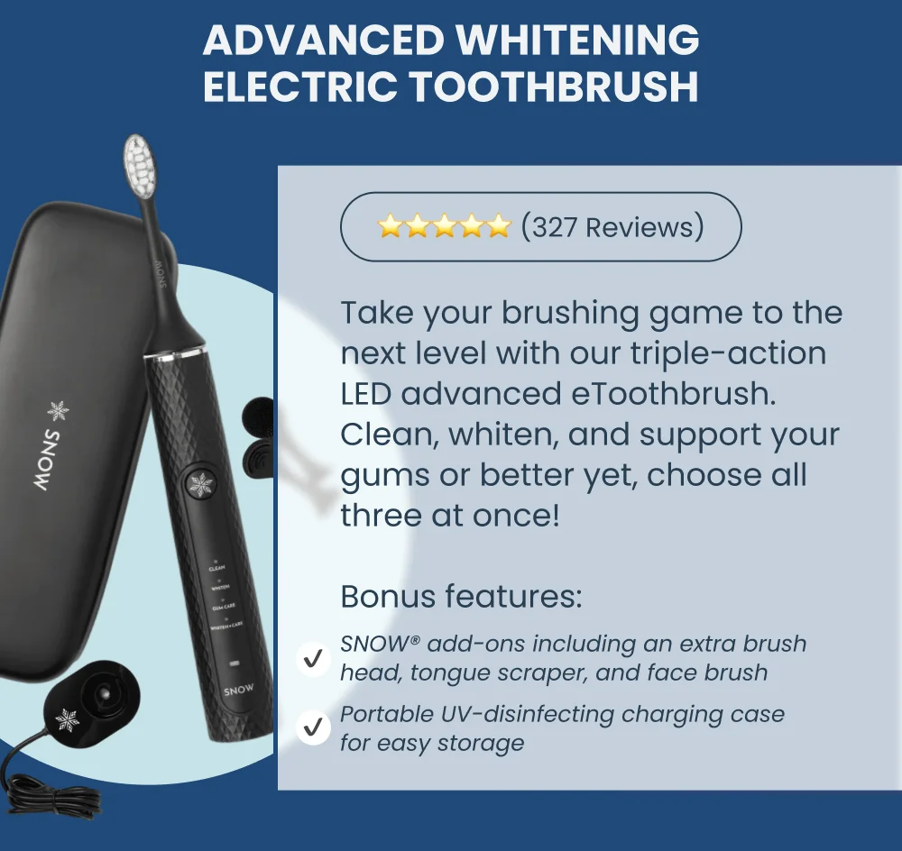 ADVANCED WHITENING ELECTRIC TOOTHBRUSH. Take your brushing game to the next level with our triple-action LED advanced eToothbrush. Clean, whiten, and support your gums or better yet, choose all three at once!