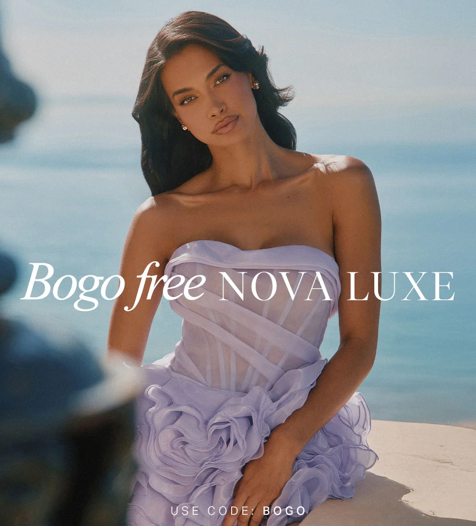 Nova Luxe discount code free: Elegant model in lavender strapless ruffled corset dress. Shop luxury fashion deals now, use code discount code.