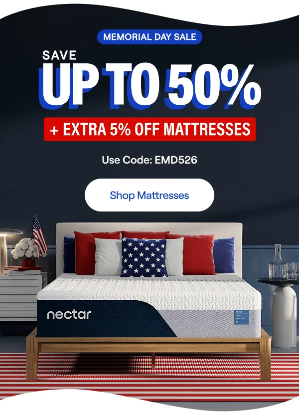 Save Up to 50% + Extra 5% on Mattresses* (Memory Foam or Hybrid). Code: discount code