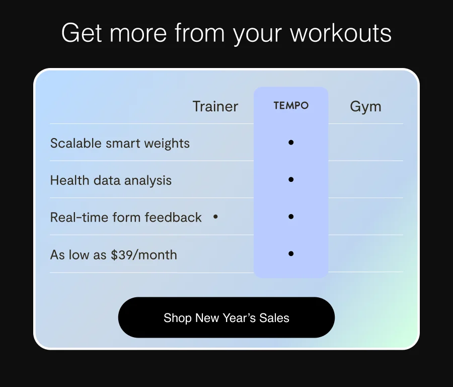 get more from your workouts,Scalable smart weights, Health data analysis, Real-time form feedback, As low as $39/month, Available 24/7. "shop new year's sale" button