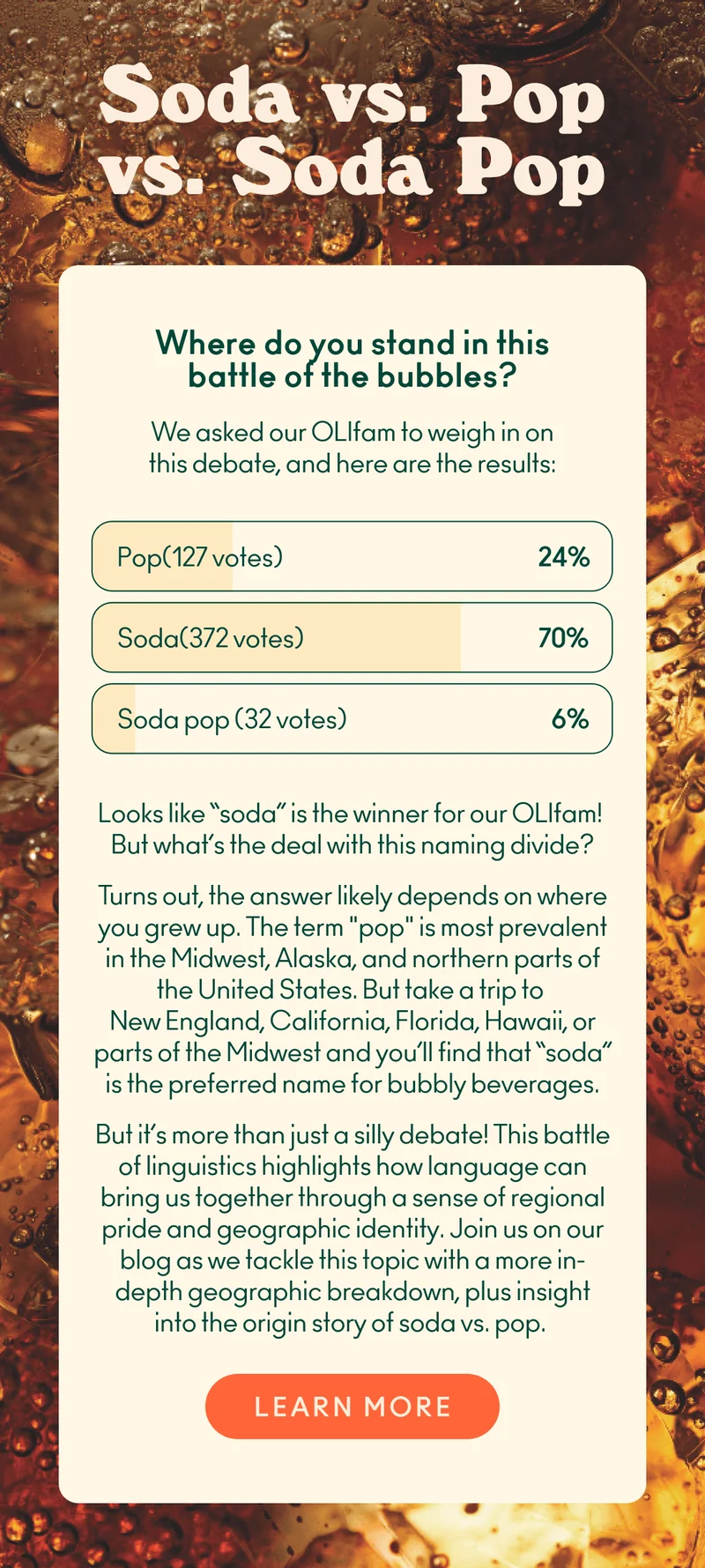 Soda, Pop, or Soda Pop? Where do you stand on the battle of the bubbles? The answer likely depends on where you grew up.