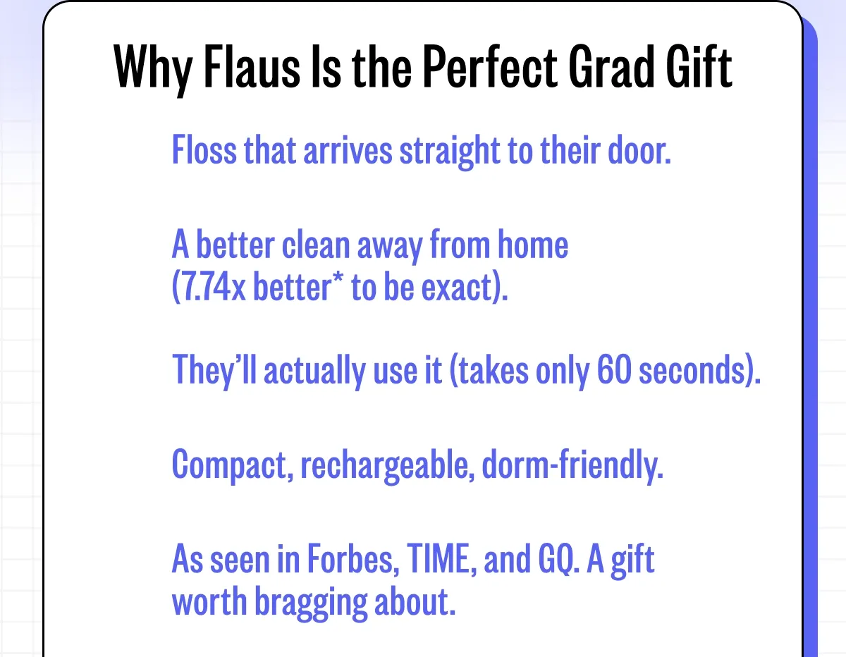 Why Flaus Is the Perfect Grad Gift | Floss that arrives straight to their door., A better clean away from home (7.74x better* to be exact)., They'll actually use it (takes only 60 seconds)., Compact, rechargeable, dorm-friendly., As seen in Forbes, TIME, and GQ. A gift worth bragging about.