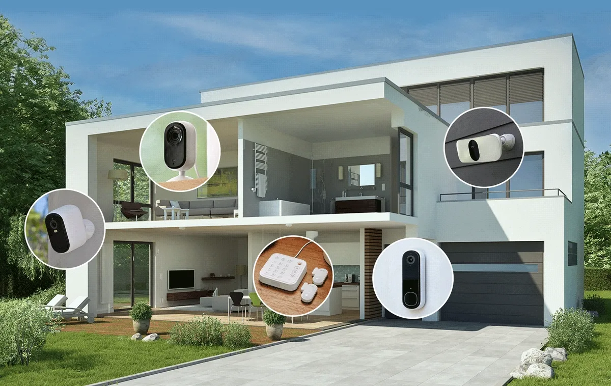 Various Arlo security products positioned around a cross-section view of a house.