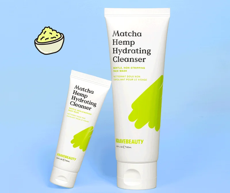 Mini Matcha Hemp Hydrating Cleanser next to regular Matcha Hemp Hydrating Cleanser