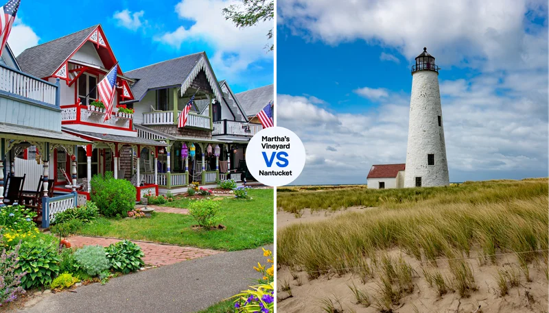 Left: Colorful cottages on Martha's Vineyard; Right: a lighthouse on Nantucket