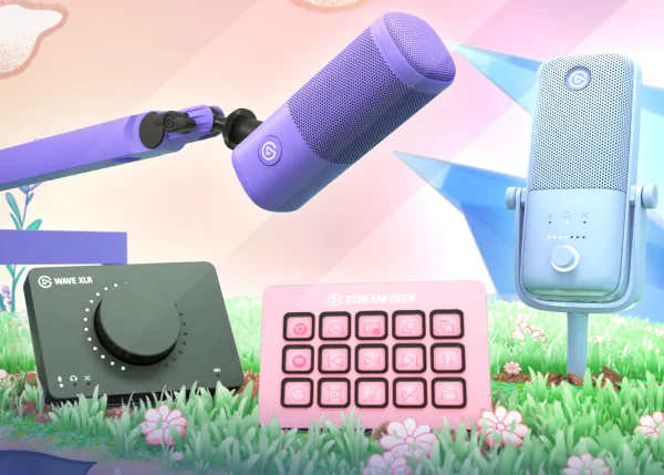 Four Elgato products in various colors sitting on grass in a colourful, drawn scene.