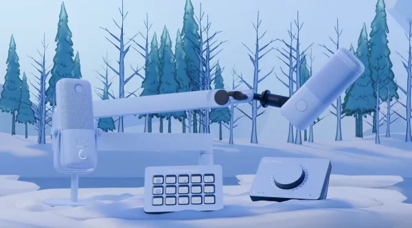 Elgato products in a light blue colour with trees drawn in the background.