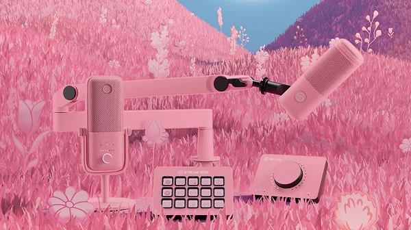 Elgato products in a pink colour with a pink field drawn in the background.