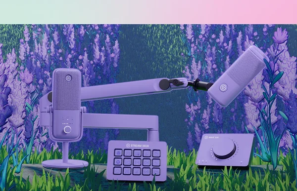 Elgato products in a lavendar colour with a field of lavender drawn in the background.