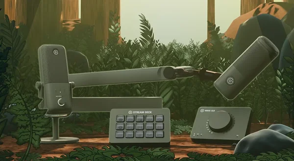 Elgato products in a deep green colour with a forest drawn in the background.