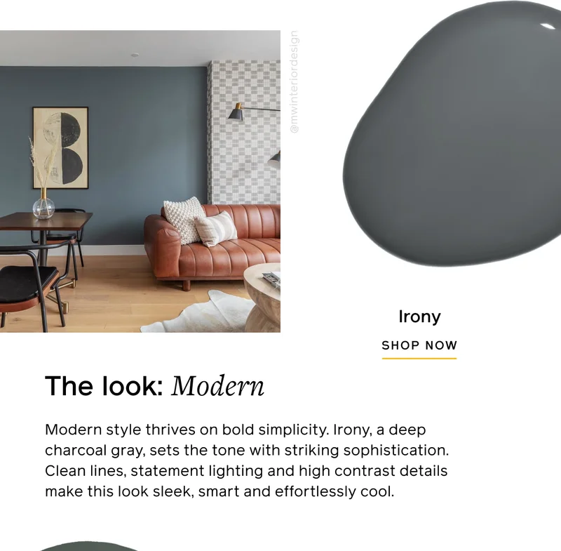 The look: Modern. Modern style thrives on bold simplicity. Irony, a deep charcoal gray, sets the tone with striking sophistication. Clean lines, statement lighting and high contrast details make this look sleek, smart and effortlessly cool. Irony SHOP NOW