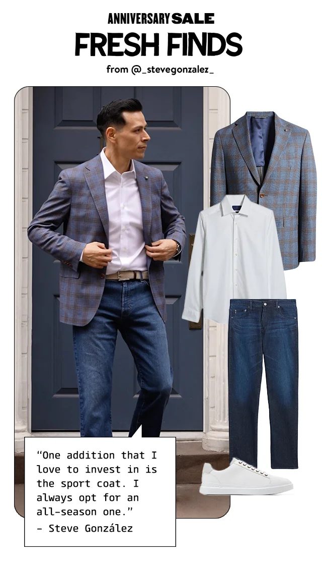 Anniversary Sale. Fresh finds: a man wearing a plaid sport coat, white shirt and jeans.