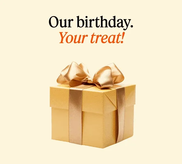 Our birthday, your gift - an image of a wrapped present with gold confetti floating
