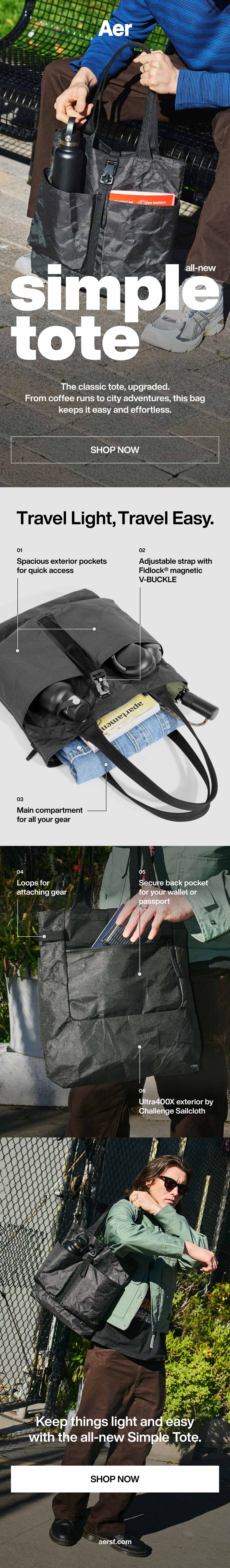 Images and feature callouts of the Aer Simple Tote