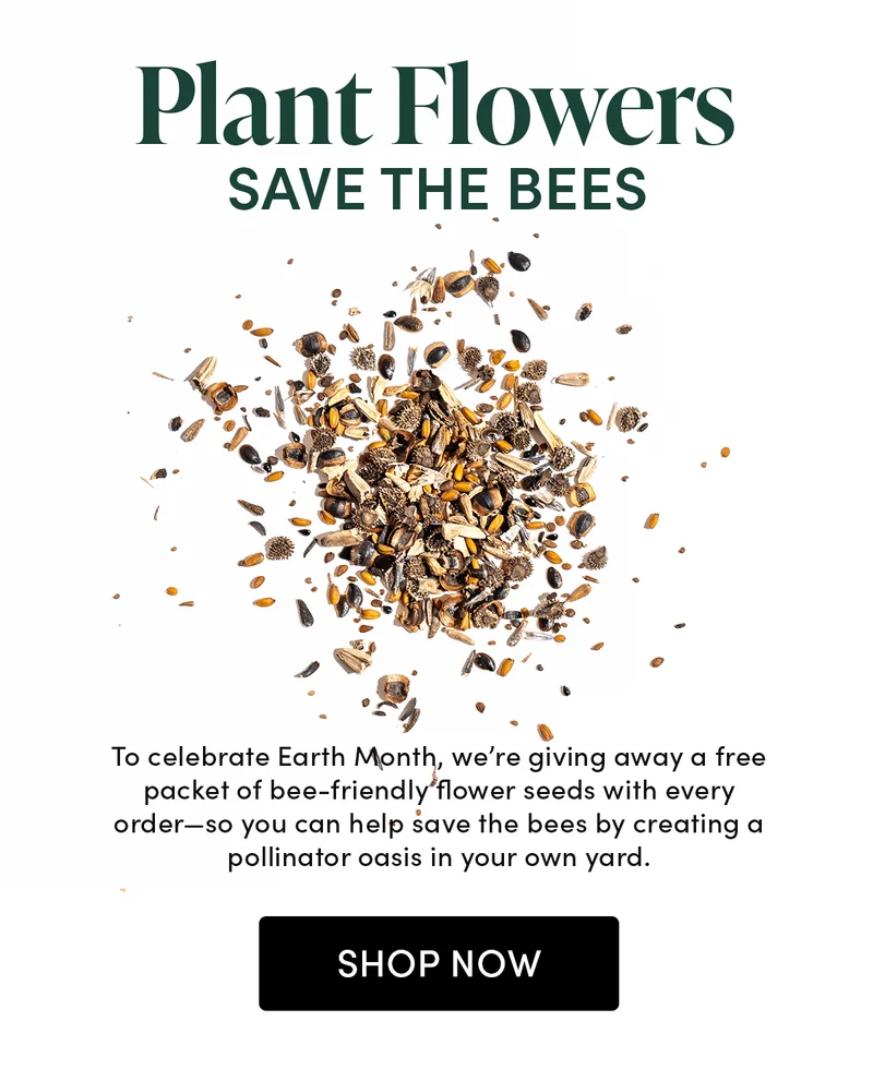 To celebrate Earth Month, we’re giving away a free packet of bee-friendly flower seeds with every order—so you can help save the bees by creating a pollinator oasis in your own yard.