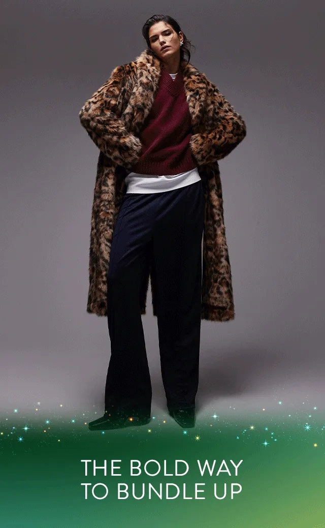 A woman wearing a long leopard-print faux-fur coat. A woman wearing a long grey overcoat.