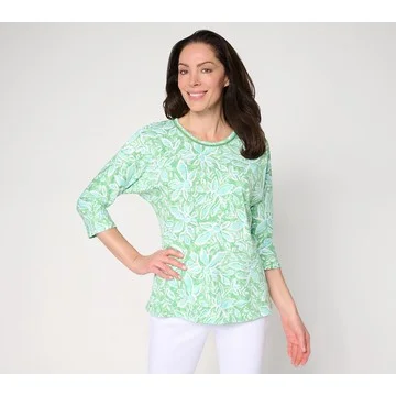 Denim & Co. Beach Floral Printed Beach Jersey 3/4 Sleeve Top