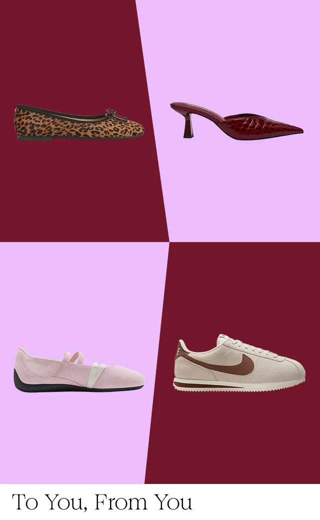 An animal-print flat, brown pump, pink mary jane and beige sneaker.