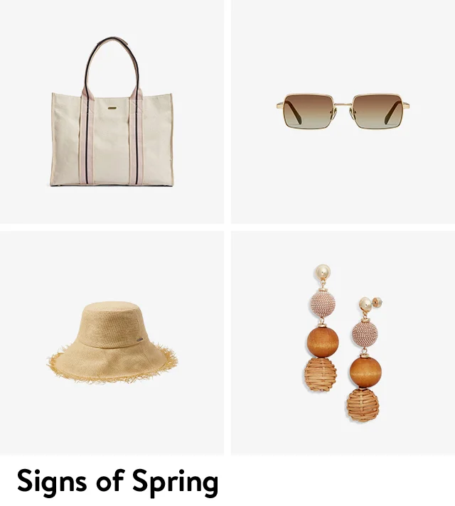 A raffia-trimmed hat, tote with striped handles, drop earrings and sunglasses.