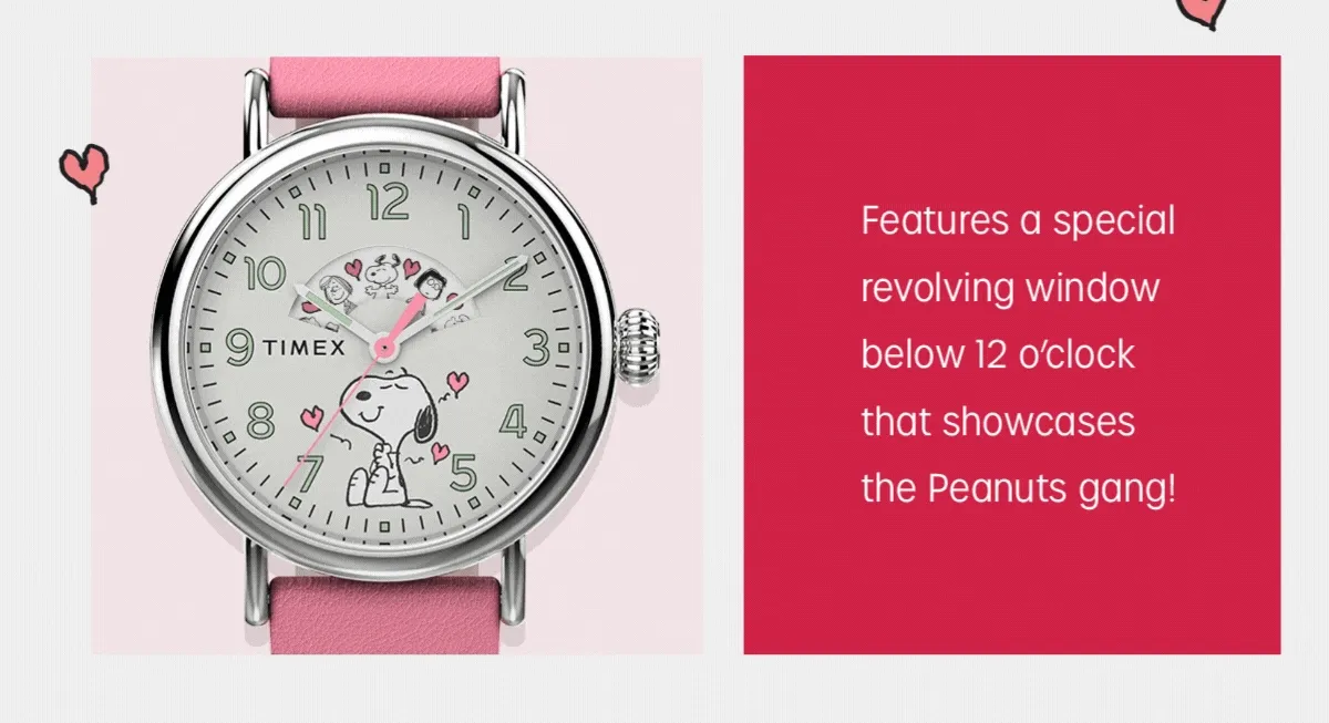 Features a specail revolving window below 12-o'clock that showcases the Peanuts gang!