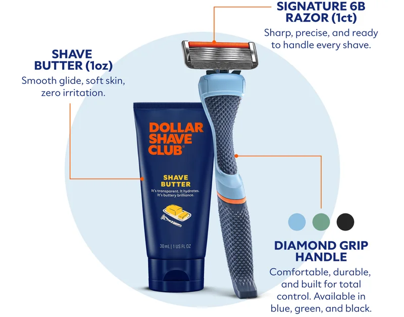 Signature 6B Razor (1ct) – Sharp, precise, and ready to handle every shave.   Diamond Grip Handle (Blue/Green/Black) – Comfortable, durable, and built for total control.   Shave Butter (1oz) – Smooth glide, soft skin, zero irritation.