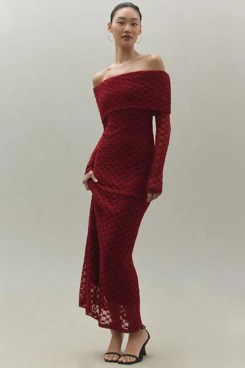 Bardot Adoni Off-The-Shoulder Fitted Stretch Lace Midi Dress