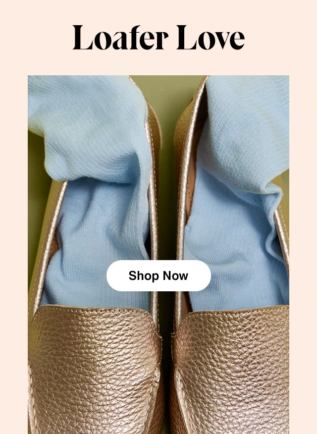 Light blue socks tucked into the women’s Ozzie loafer in Soft Rose Gold pebbled leather. Shop Now.