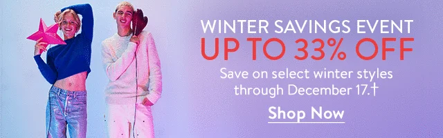Winter savings event: up to 33% off. A woman and man wearing sweaters and jeans.