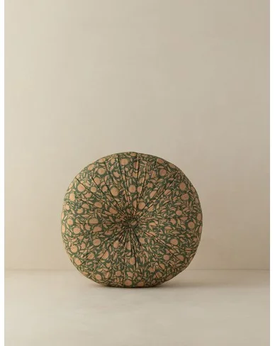 Fransen Linen Cotton Tufted Round Pillow-Clover and Flamingo / Tufted Round