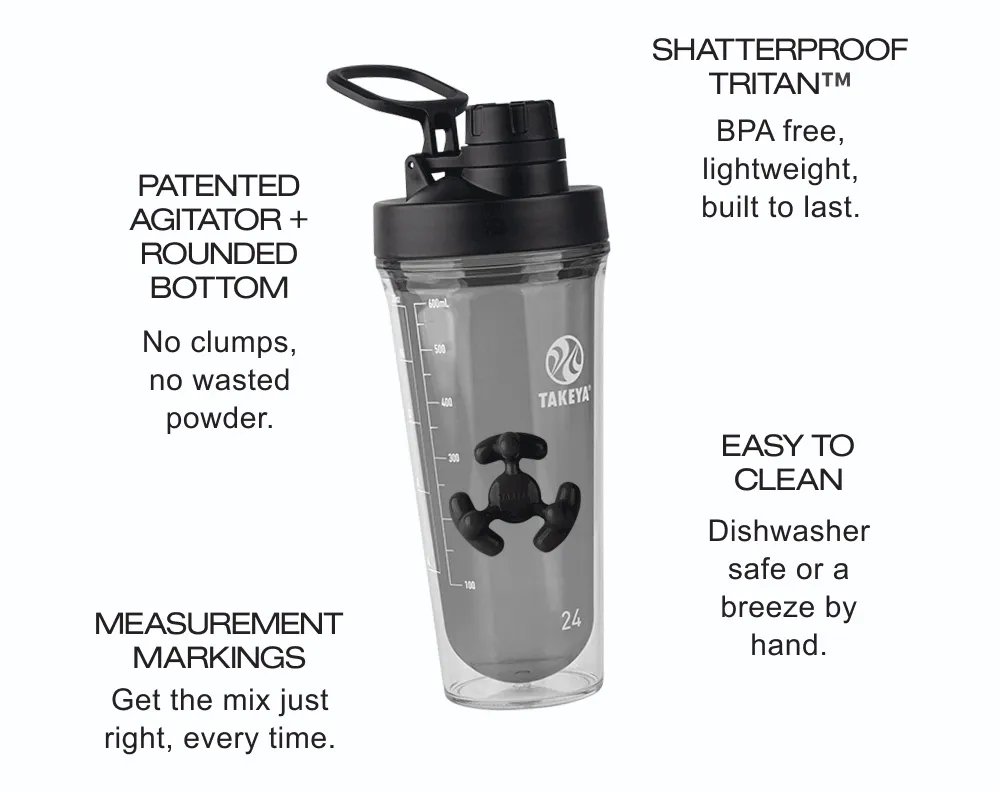 PATENTED AGITATOR + ROUNDED BOTTOM | No clumps, no wasted powder. | MEASUREMENT MARKINGS | Get the mix just right, every time. | SHATTERPROOF TRITAN™ | BPA free, lightweight, built to last. | EASY TO CLEAN | Dishwasher safe or a breeze by hand.